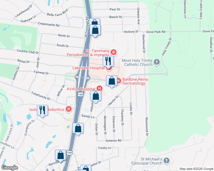 map of restaurants, bars, coffee shops, grocery stores, and more near 100 Lakeview Lane in Covington
