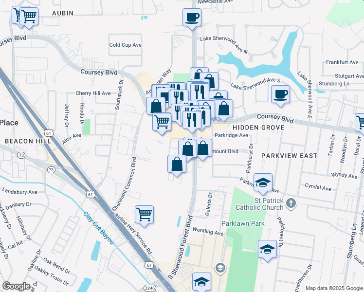 map of restaurants, bars, coffee shops, grocery stores, and more near 4944 South Sherwood Forest Boulevard in Baton Rouge