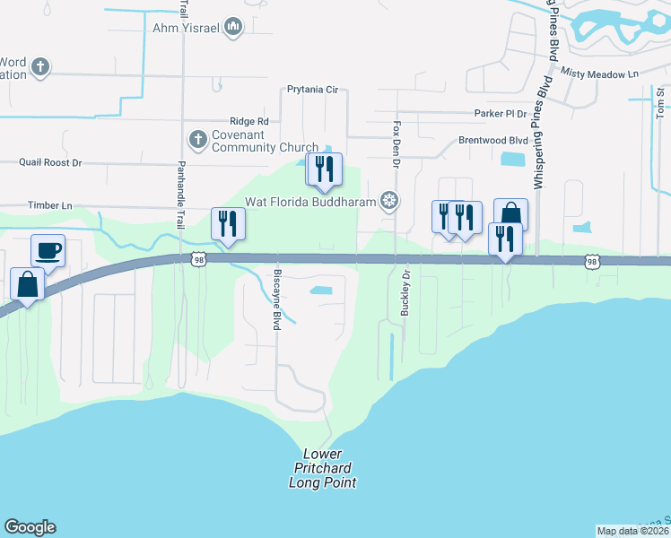 map of restaurants, bars, coffee shops, grocery stores, and more near 9332 Vandivere Drive in Navarre