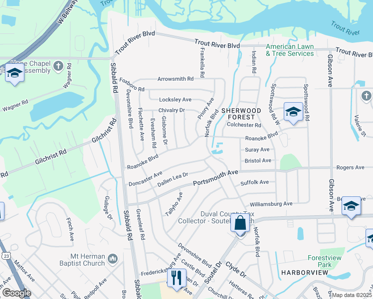 map of restaurants, bars, coffee shops, grocery stores, and more near 5014 Roanoke Boulevard in Jacksonville
