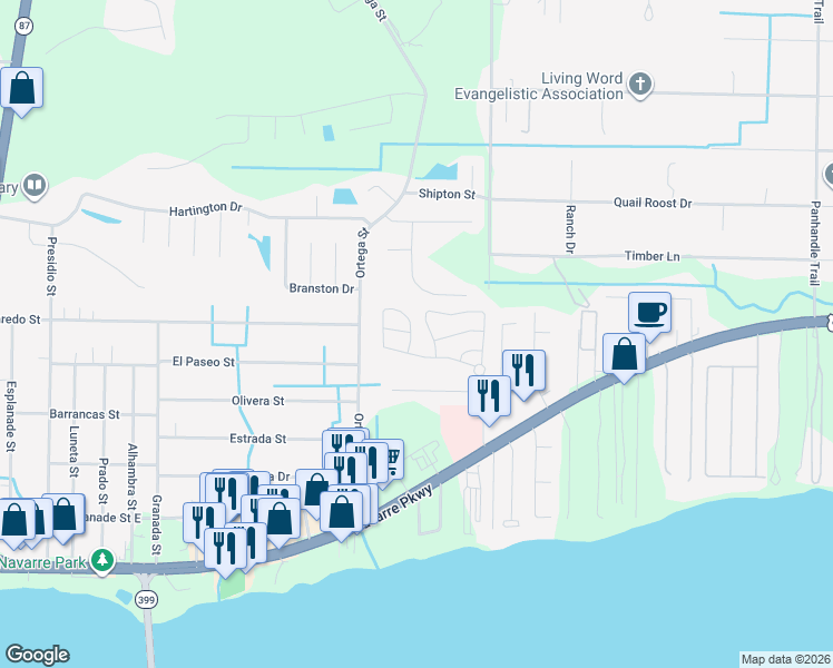 map of restaurants, bars, coffee shops, grocery stores, and more near 2073 Wilsons Plover Circle in Navarre