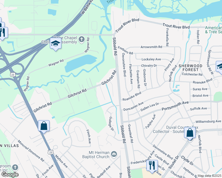 map of restaurants, bars, coffee shops, grocery stores, and more near 9440 Gilchrist Court in Jacksonville