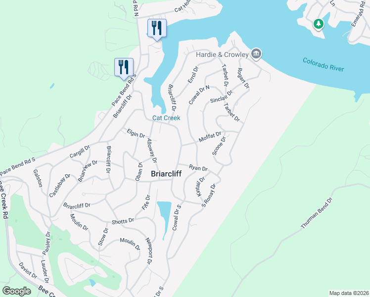 map of restaurants, bars, coffee shops, grocery stores, and more near 22005 Moffat Dr in Briarcliff
