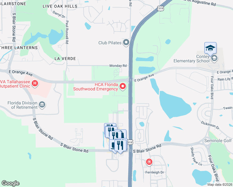 map of restaurants, bars, coffee shops, grocery stores, and more near 2432 Brookhaven Court in Tallahassee