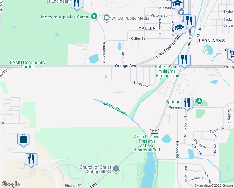 map of restaurants, bars, coffee shops, grocery stores, and more near 1600-1678 McPhearson Drive in Tallahassee