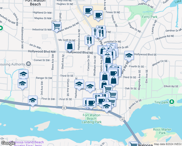map of restaurants, bars, coffee shops, grocery stores, and more near 40 Windham Avenue Southeast in Fort Walton Beach