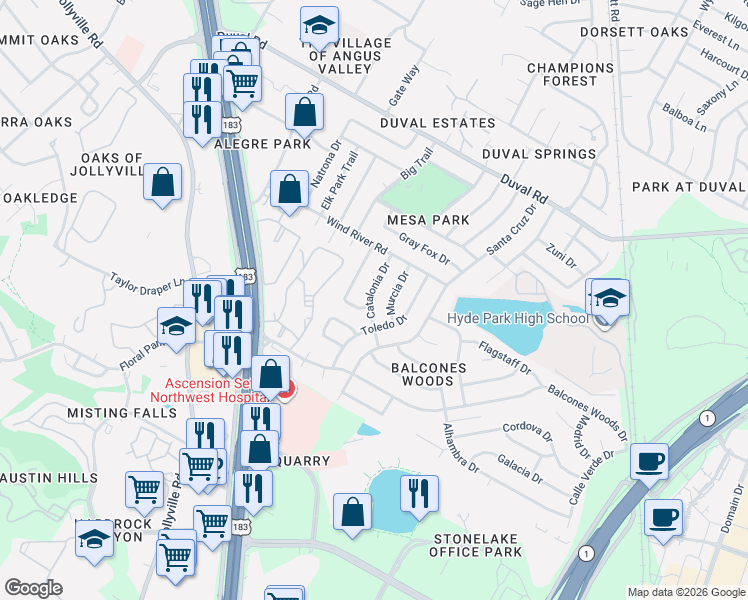 map of restaurants, bars, coffee shops, grocery stores, and more near 11411 Catalonia Drive in Austin