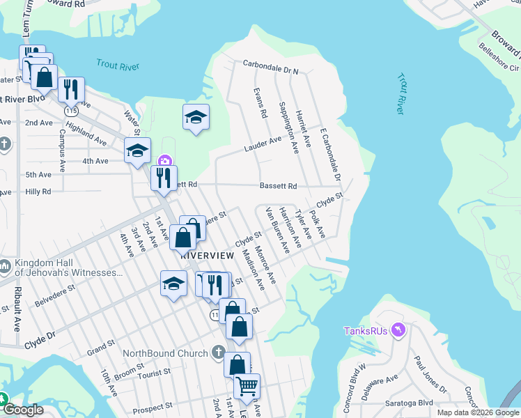 map of restaurants, bars, coffee shops, grocery stores, and more near 1566 Ollie Drive in Jacksonville
