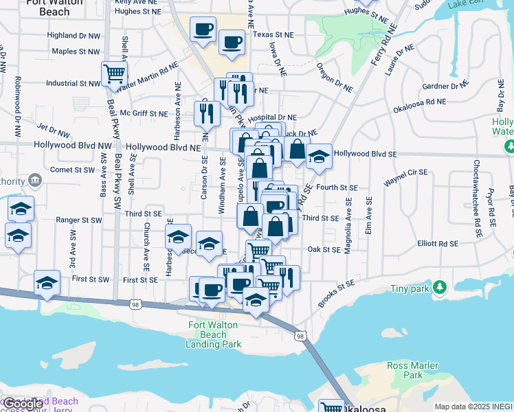 map of restaurants, bars, coffee shops, grocery stores, and more near 34 Eglin Parkway Southeast in Fort Walton Beach