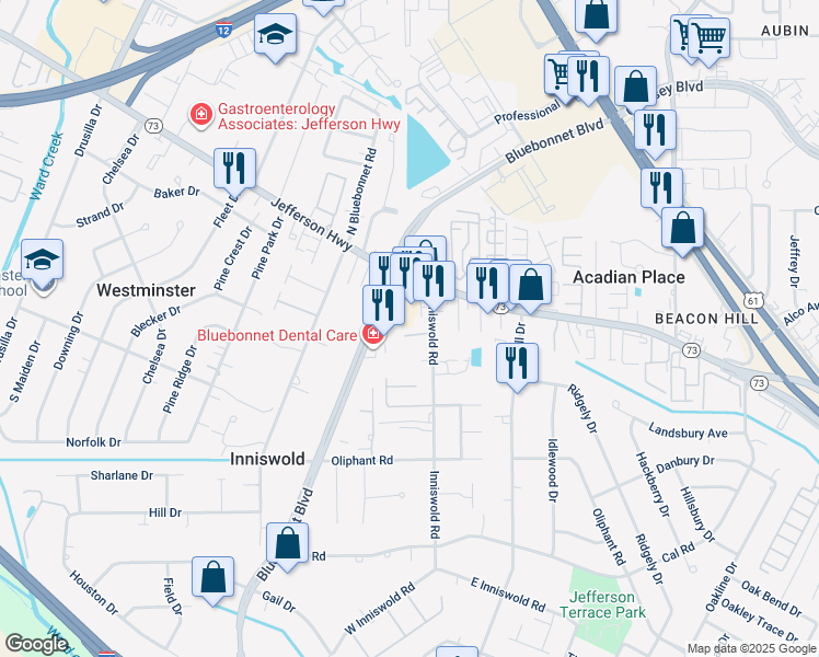 map of restaurants, bars, coffee shops, grocery stores, and more near 4307 Bluebonnet Boulevard in Baton Rouge