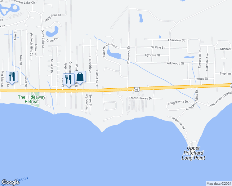 map of restaurants, bars, coffee shops, grocery stores, and more near 2093 Pritchard Point Drive in Navarre