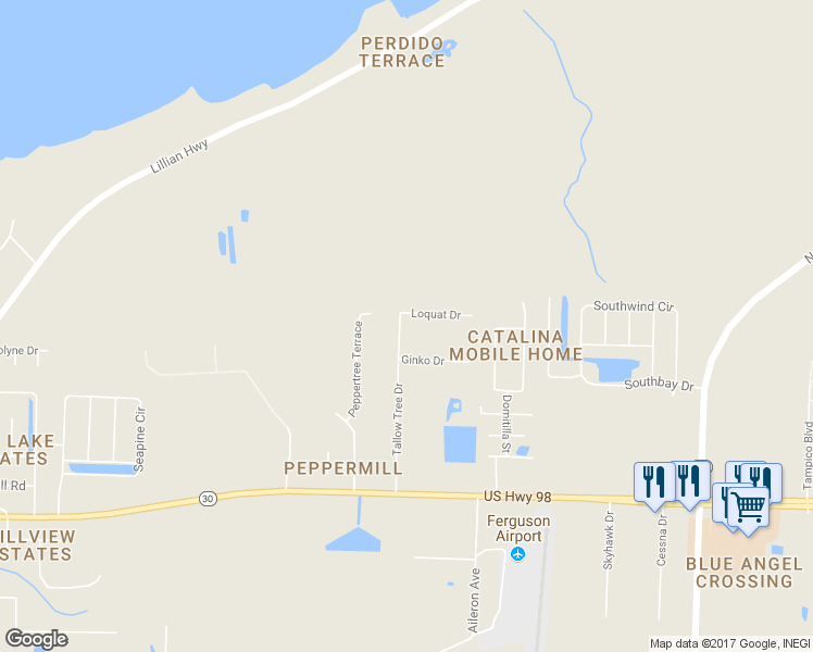 map of restaurants, bars, coffee shops, grocery stores, and more near 9849 Loquat Drive in Pensacola
