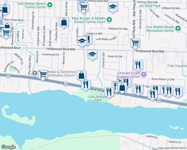 map of restaurants, bars, coffee shops, grocery stores, and more near 344 Coral Drive Southwest in Fort Walton Beach