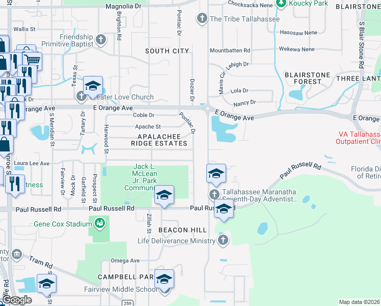 map of restaurants, bars, coffee shops, grocery stores, and more near 937 Kendall Drive in Tallahassee