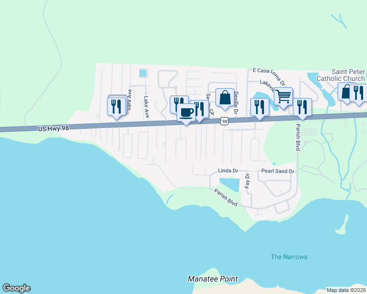 map of restaurants, bars, coffee shops, grocery stores, and more near 339 Brookwood Boulevard in Mary Esther