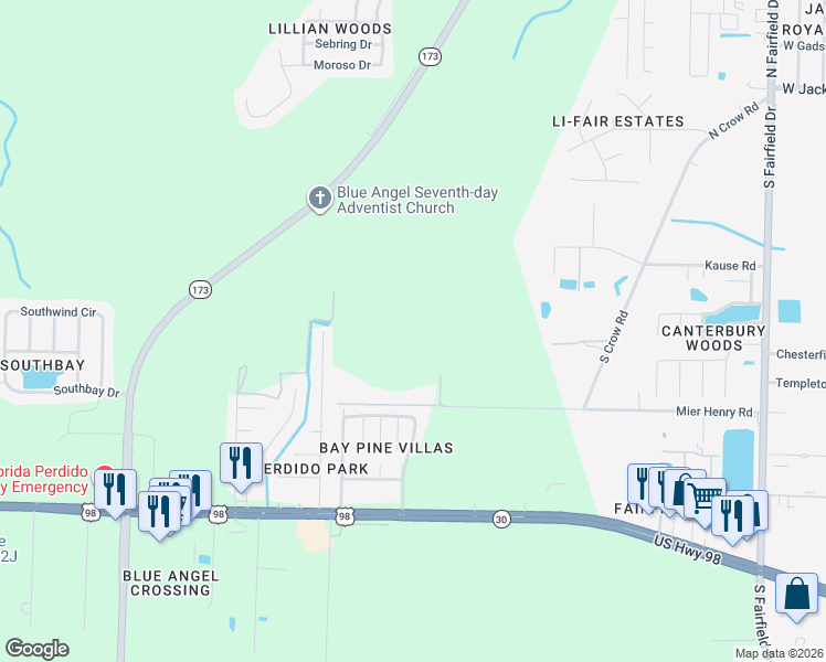 map of restaurants, bars, coffee shops, grocery stores, and more near 395 Mier Henry Lane in Pensacola