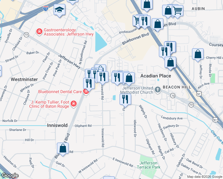 map of restaurants, bars, coffee shops, grocery stores, and more near 4353 Rue De Belle Maison in Baton Rouge