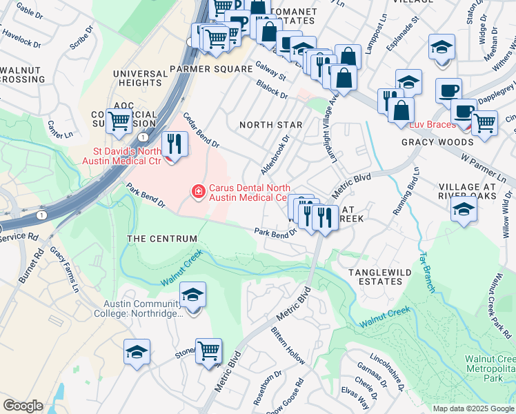 map of restaurants, bars, coffee shops, grocery stores, and more near 12200 Tyson Cove in Austin