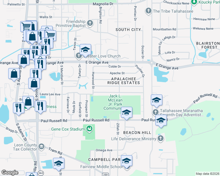 map of restaurants, bars, coffee shops, grocery stores, and more near 805 Kendall Drive in Tallahassee