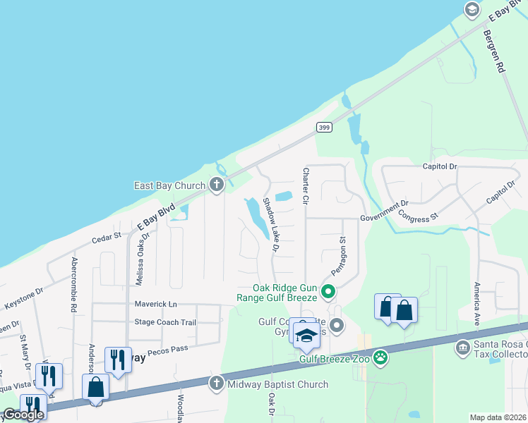 map of restaurants, bars, coffee shops, grocery stores, and more near 2032 Shadow Lake Drive in Gulf Breeze