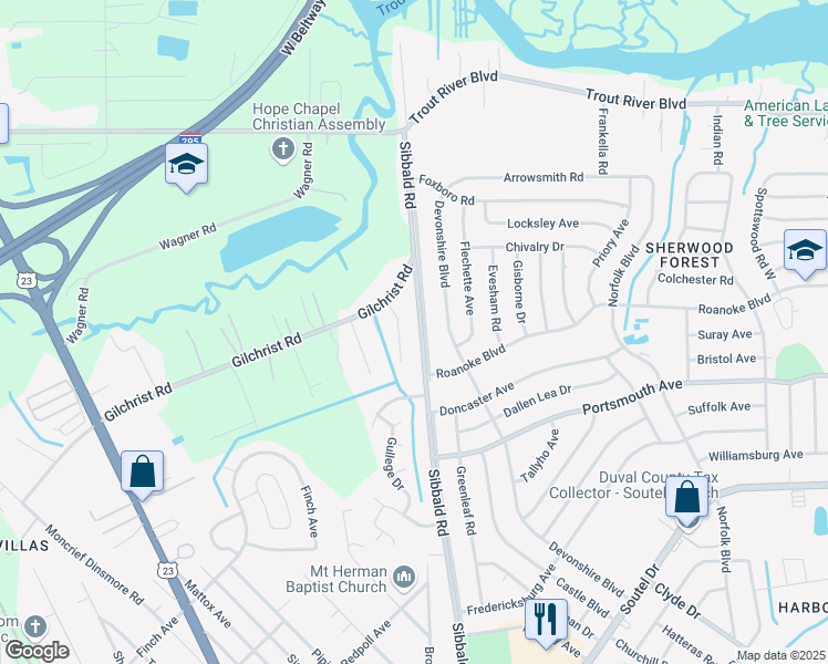 map of restaurants, bars, coffee shops, grocery stores, and more near 9438 Sibbald Road in Jacksonville