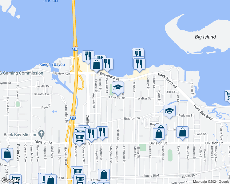 map of restaurants, bars, coffee shops, grocery stores, and more near 416 Parker Street in Biloxi