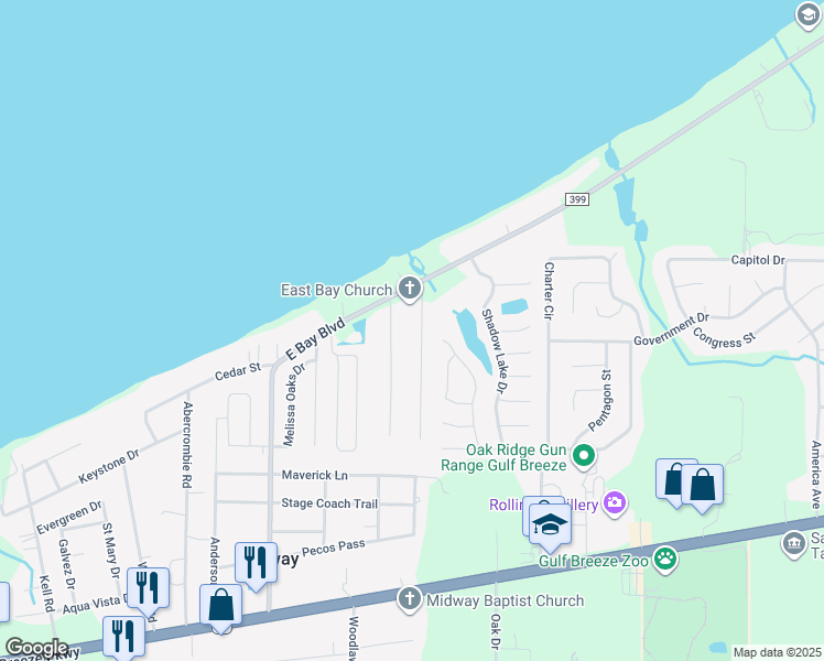 map of restaurants, bars, coffee shops, grocery stores, and more near 2025 Church Street in Gulf Breeze