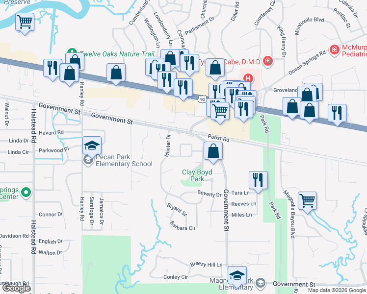 map of restaurants, bars, coffee shops, grocery stores, and more near 106 Roberts Circle in Ocean Springs