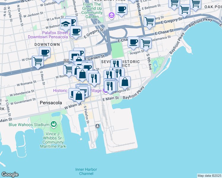 map of restaurants, bars, coffee shops, grocery stores, and more near 405 South Adams Street in Pensacola
