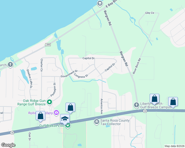 map of restaurants, bars, coffee shops, grocery stores, and more near 5859 Congress Street in Gulf Breeze