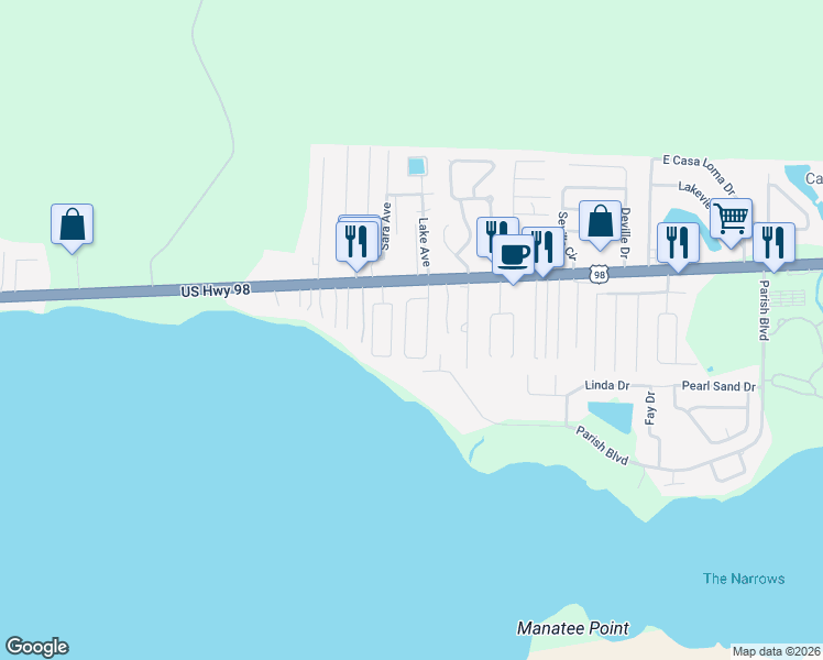map of restaurants, bars, coffee shops, grocery stores, and more near 476 Sandy Ridge Circle in Mary Esther