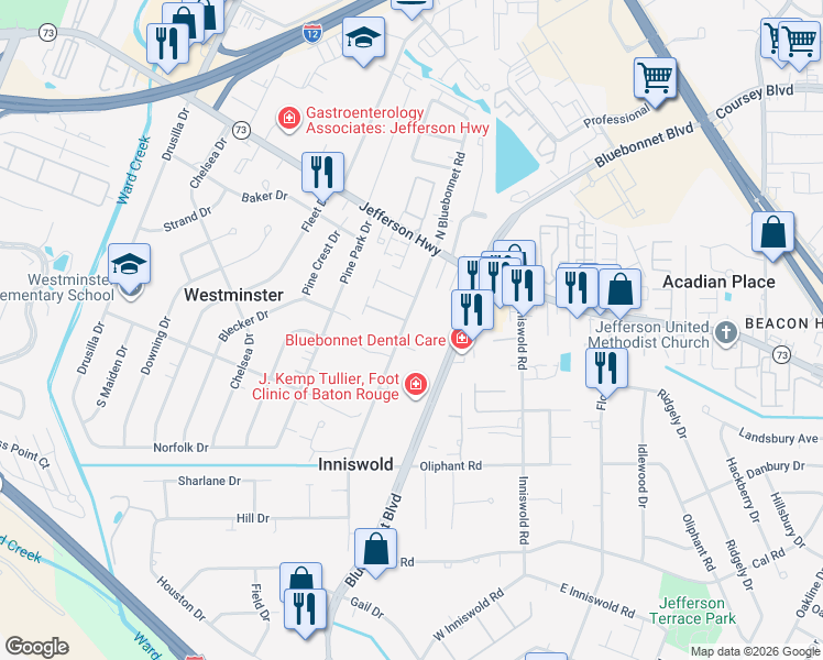 map of restaurants, bars, coffee shops, grocery stores, and more near 4355 Bluebonnet Road in Baton Rouge