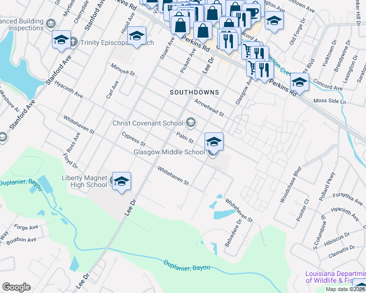 map of restaurants, bars, coffee shops, grocery stores, and more near 4647 Hyacinth Avenue in Baton Rouge