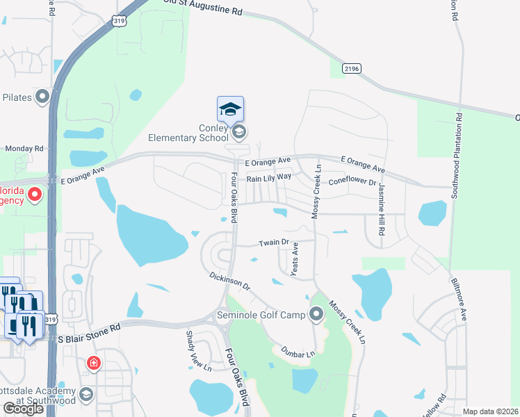 map of restaurants, bars, coffee shops, grocery stores, and more near 2425 Goldenrod Way in Tallahassee