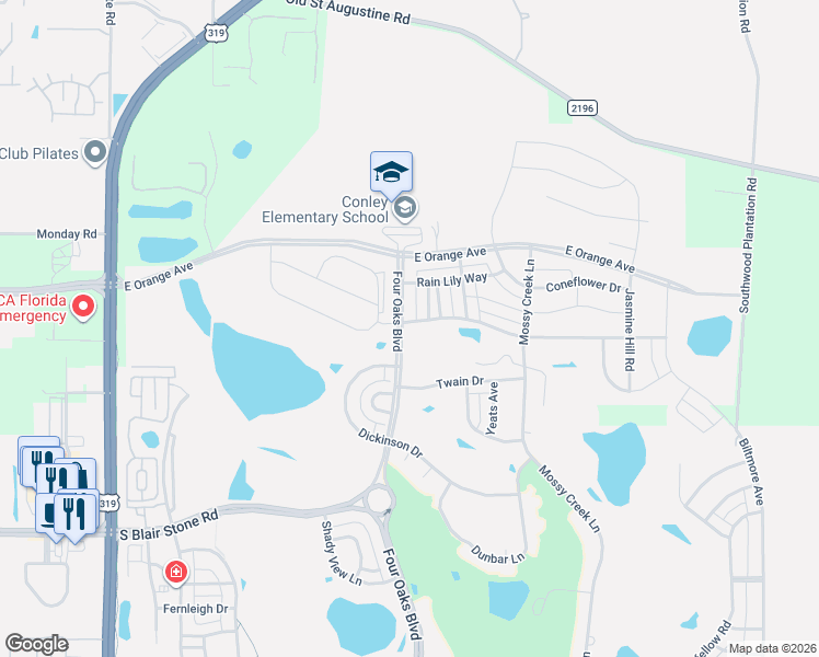map of restaurants, bars, coffee shops, grocery stores, and more near 2401 Goldenrod Way in Tallahassee