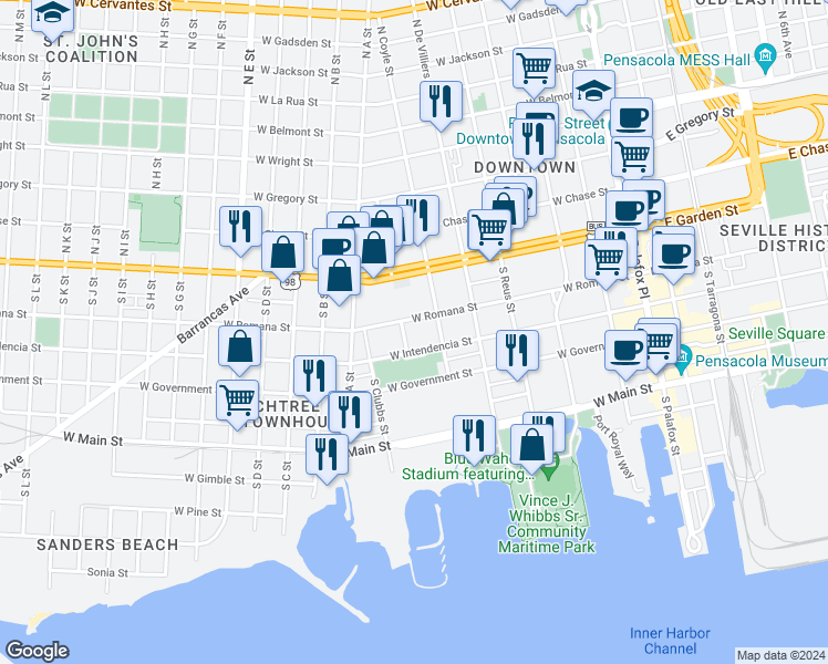 map of restaurants, bars, coffee shops, grocery stores, and more near 500 West Romana Street in Pensacola