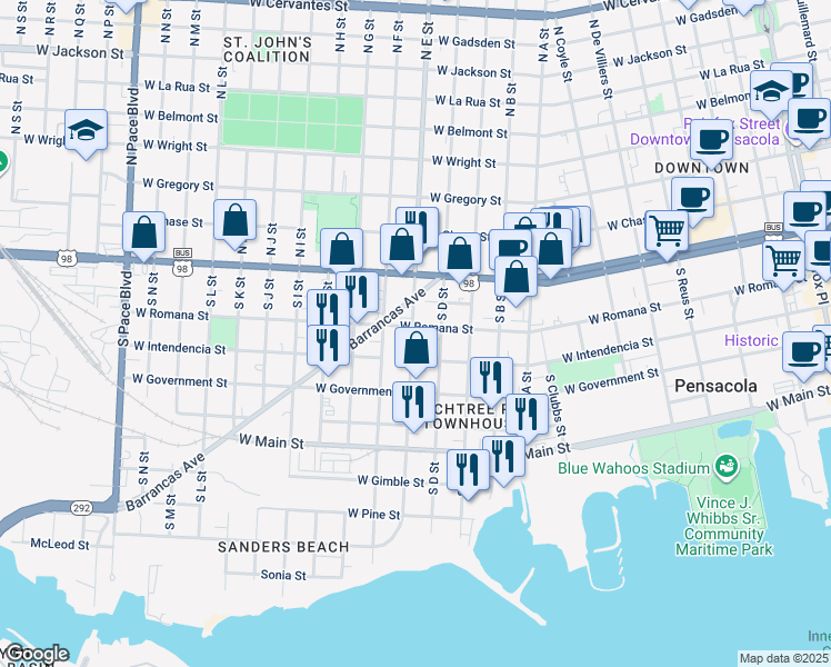 map of restaurants, bars, coffee shops, grocery stores, and more near 201 South E Street in Pensacola