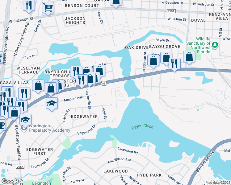 map of restaurants, bars, coffee shops, grocery stores, and more near 3 Pinewood Dr in Pensacola