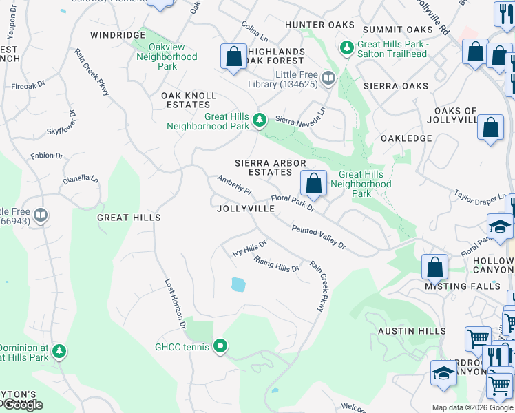 map of restaurants, bars, coffee shops, grocery stores, and more near 10502 Floral Park Drive in Austin
