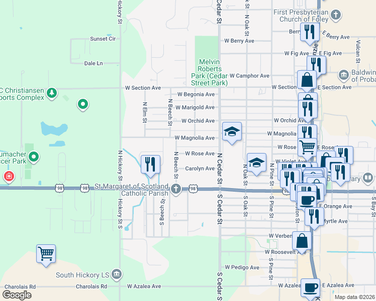 map of restaurants, bars, coffee shops, grocery stores, and more near 602 West Rose Avenue in Foley