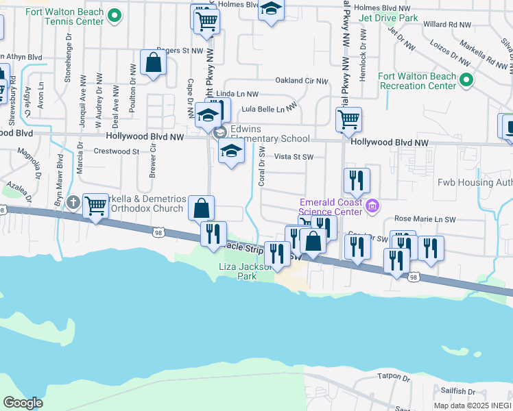 map of restaurants, bars, coffee shops, grocery stores, and more near 344 Coral Drive Southwest in Fort Walton Beach