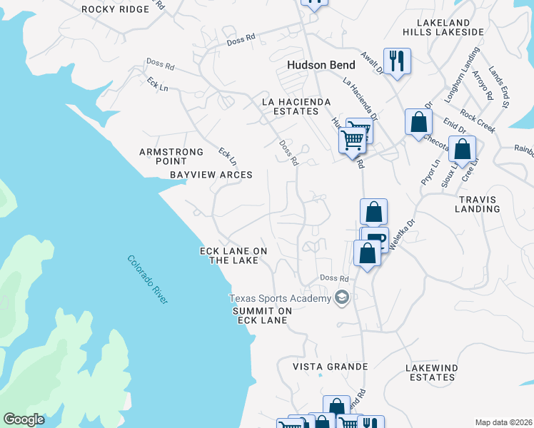 map of restaurants, bars, coffee shops, grocery stores, and more near 16300 Sydney Carol Lane in Austin