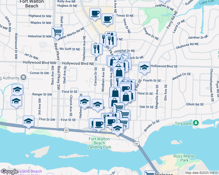 map of restaurants, bars, coffee shops, grocery stores, and more near 42b Tupelo Avenue Southeast in Fort Walton Beach