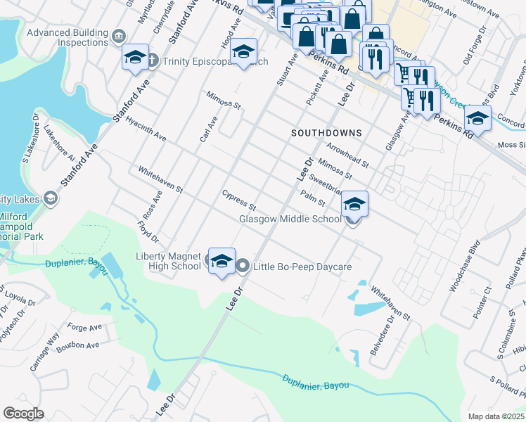 map of restaurants, bars, coffee shops, grocery stores, and more near 4435 Cypress Street in Baton Rouge