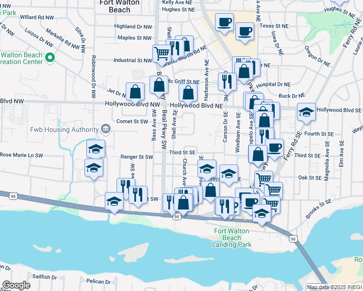 map of restaurants, bars, coffee shops, grocery stores, and more near 17 Chatelaine Circle Southeast in Fort Walton Beach