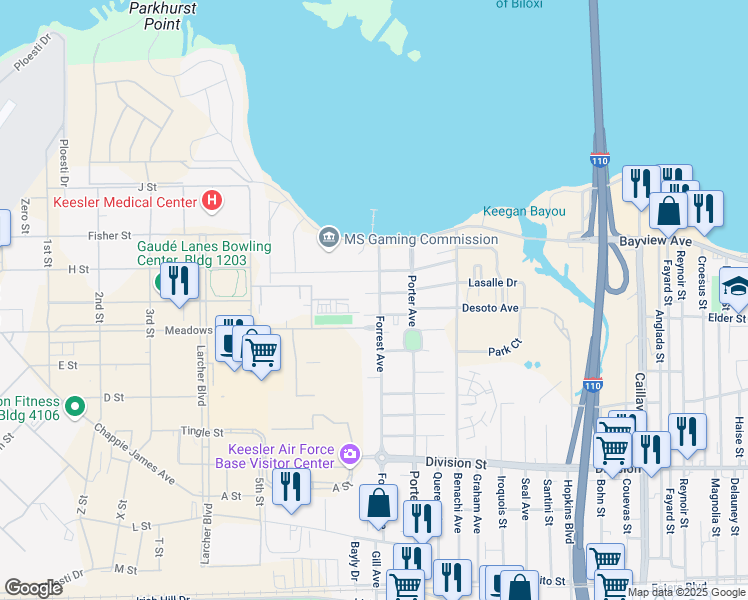 map of restaurants, bars, coffee shops, grocery stores, and more near 421 Forrest Avenue in Biloxi