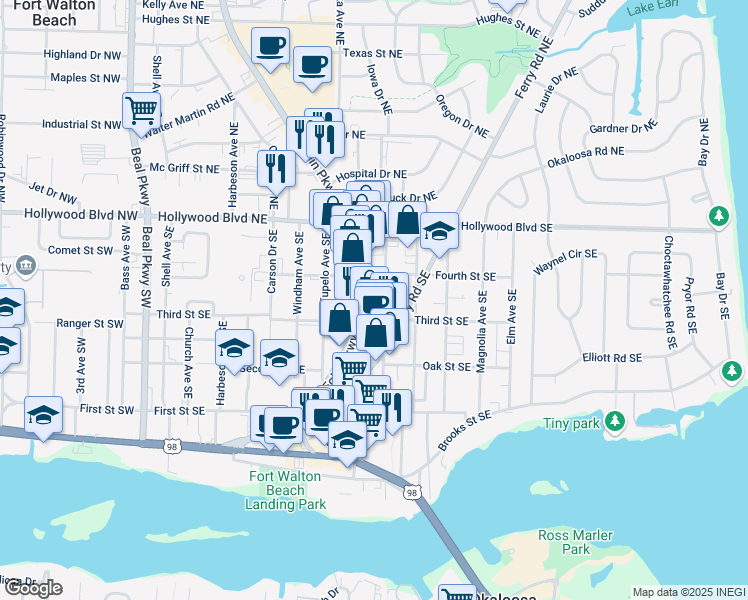map of restaurants, bars, coffee shops, grocery stores, and more near 34 Eglin Pkwy SE in Fort Walton Beach