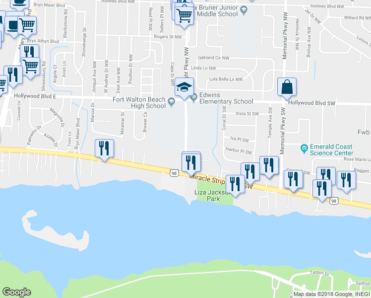 map of restaurants, bars, coffee shops, grocery stores, and more near 82 Wright Parkway Southwest in Fort Walton Beach