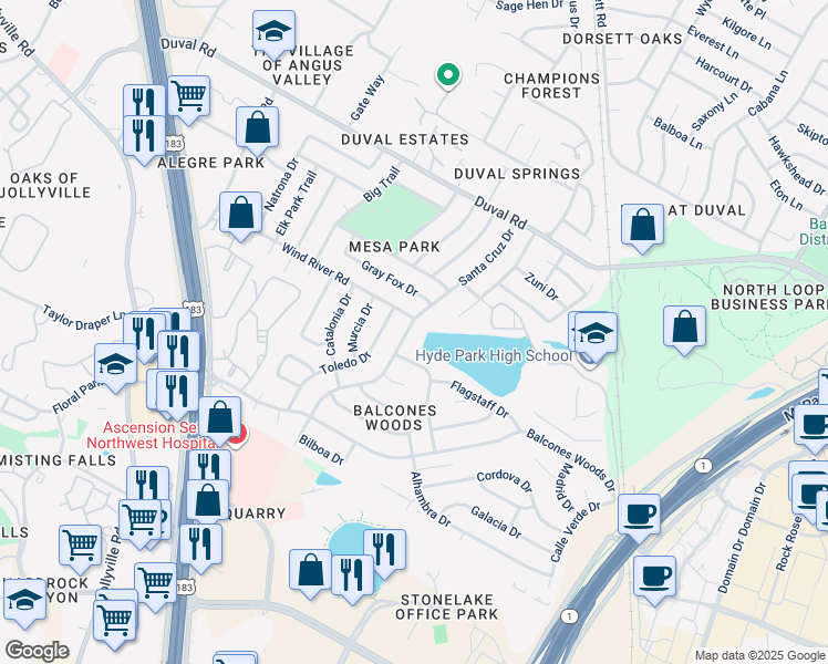map of restaurants, bars, coffee shops, grocery stores, and more near 11603 Santa Cruz Drive in Austin