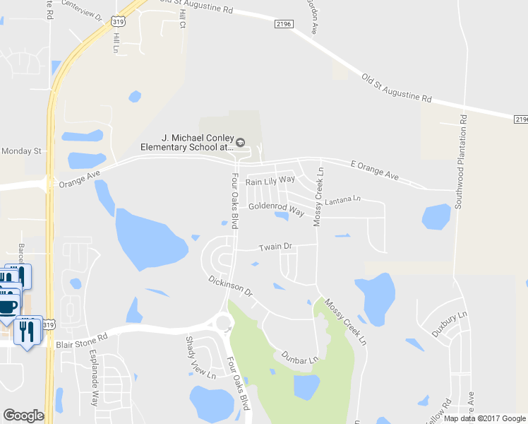 map of restaurants, bars, coffee shops, grocery stores, and more near 2425 Goldenrod Way in Tallahassee